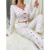 Autumn Winter Sleepwear Women Pajama Set Lace V-neck Bow Heart Print Long Sleeves Pullover Trousers Loungewear Outfit