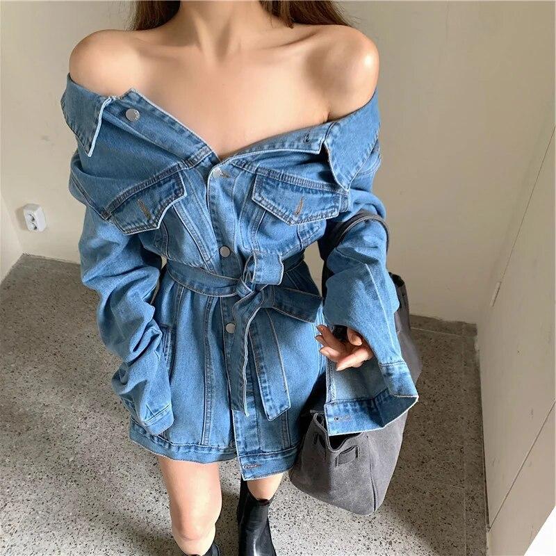 

Весеннее корейское шикарное джинсовое платье с открытыми плечами, утягивающее талию, модное, милое, темпераментное, повседневное, винтажное, платье L