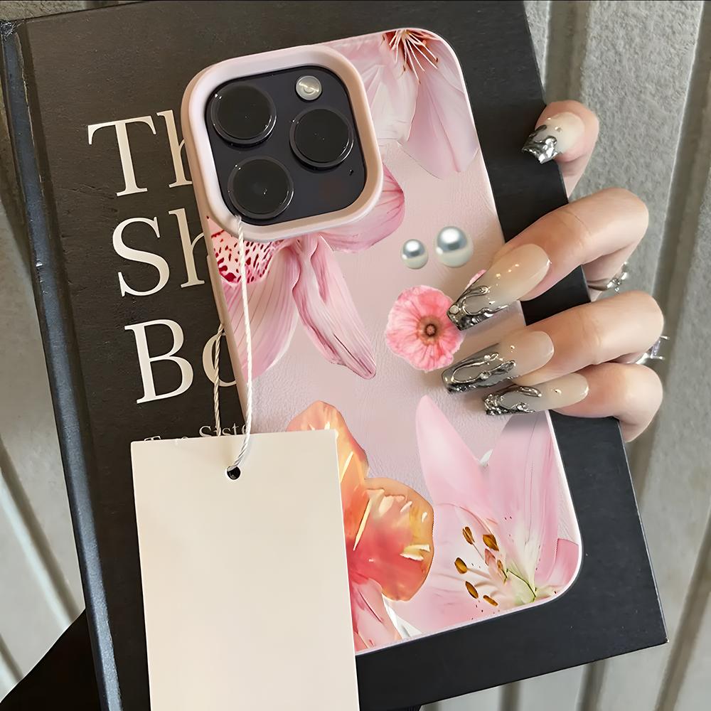 Cute Pearl Pink Floral Lychee Soft Phone Case For iPhone 11 12 13 14 15 16 17 Pro Max 15 14 Plus 17 Air X Xs XR Silicone Cover