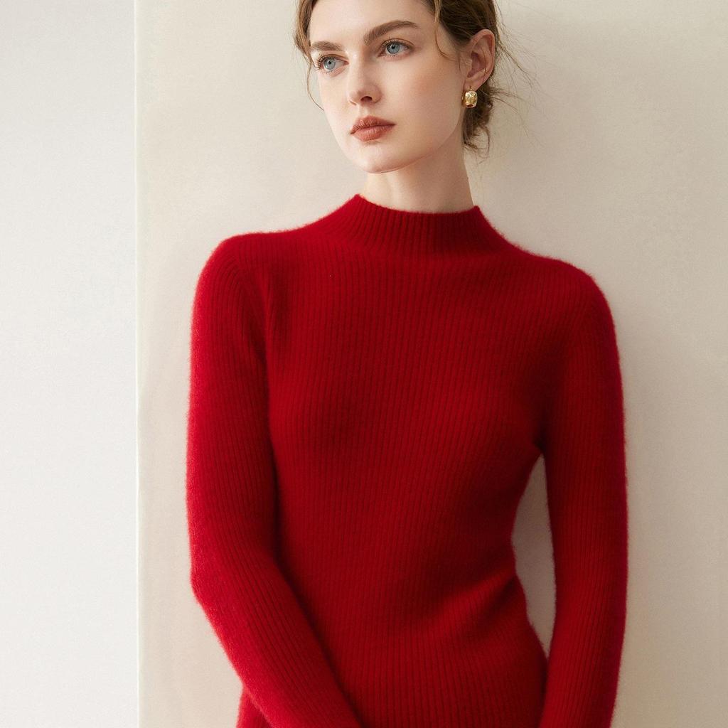 Women's Slim Fit Ribbed Cashmere Sweater - Half-High Neck