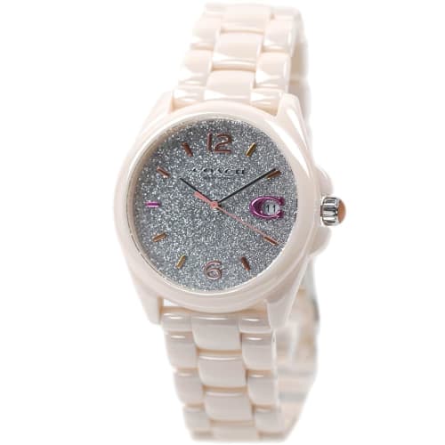 

COACH Women s Grayson Watch with Date Calendar, Ceramic Pink Glitter Silver Dial, 14503939