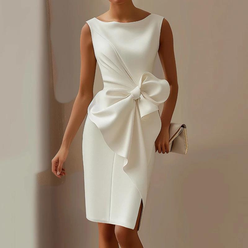 Vestidos Sexy Bowknot Ruffled Slim Party Dresses Woman Spring O Neck Elegant Commute Dress Summer Sleeveless Hollow Out Sundress