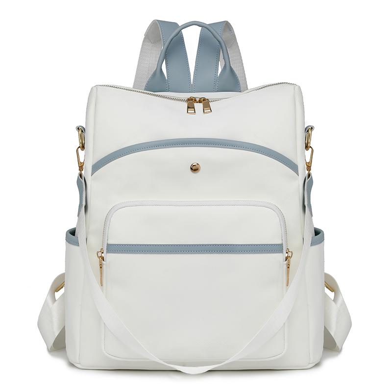 

Женский мягкий кожаный рюкзак школьный ранец цветной блок дорожная сумка белый/синий