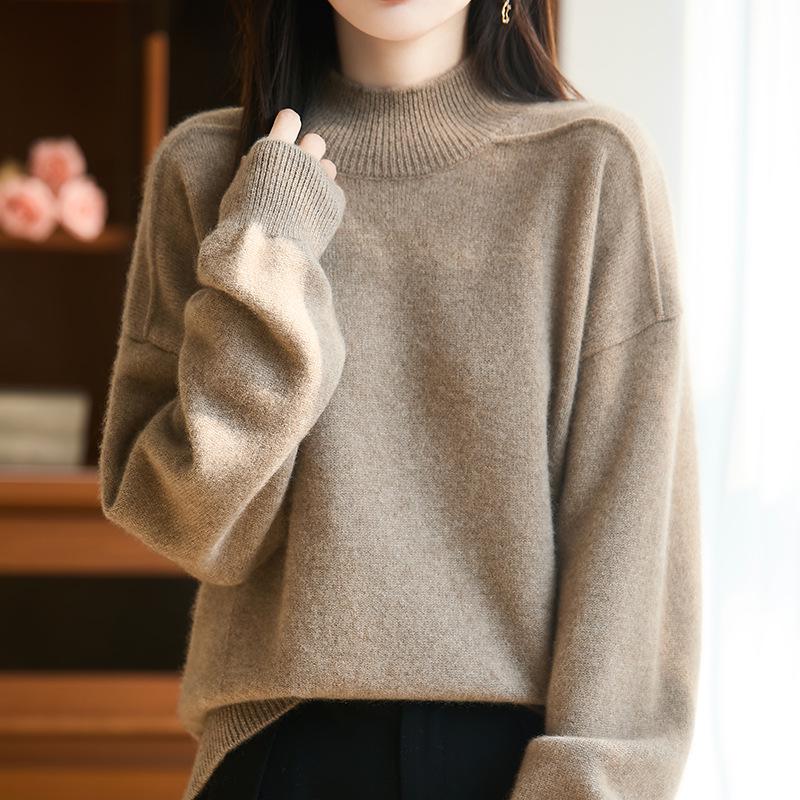 Women's Solid Color Pure Wool Raglan Knitwear - Soft, Warm Long Sleeve with Half-High Neck
