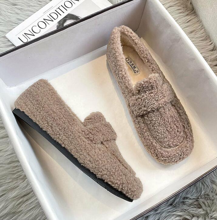 

Мода 2025 Зимние шерстяные туфли Женские меховые хлопковые балетки на толстой подошве Плюшевые лоферы Женские Большой размер 42/43 Мокасины Женские Кроссовки для беременных 4.5 хаки