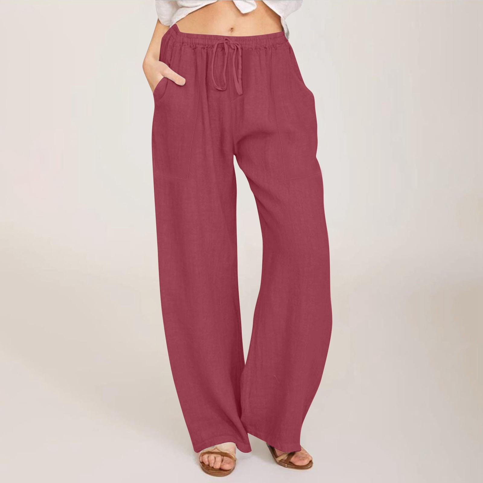 

Женские летние свободные брюки из хлопка и льна с эластичным поясом и внешним карманом XL винный