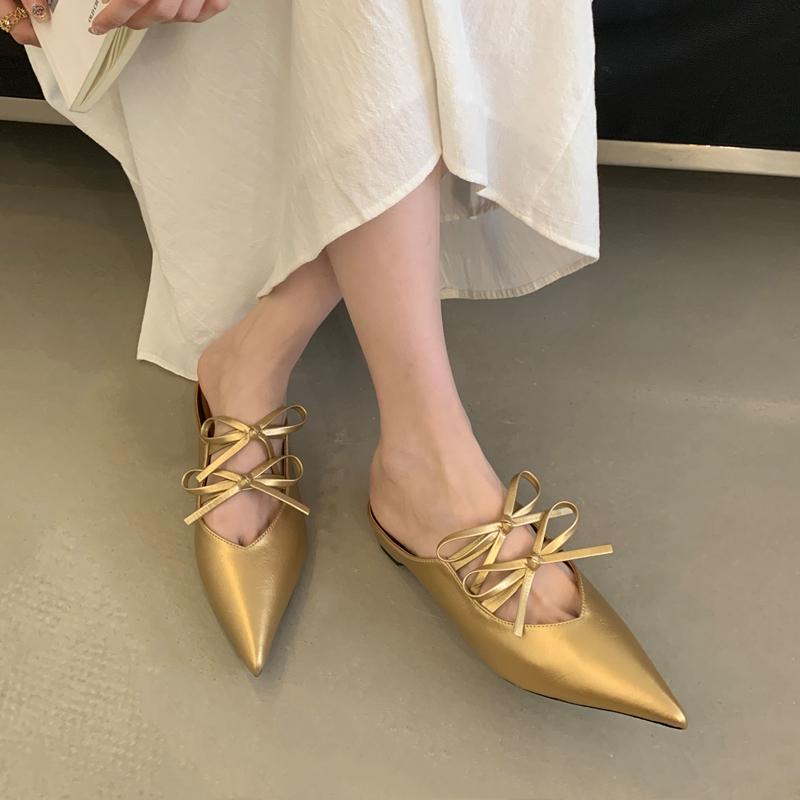 Fashion SUOJIALUN 2025 Autumn New Women Slipper Fashion Pointed Toe Bow-knot Slip On Mules Shoes Square Low Heel Outdoor Dress Sandal