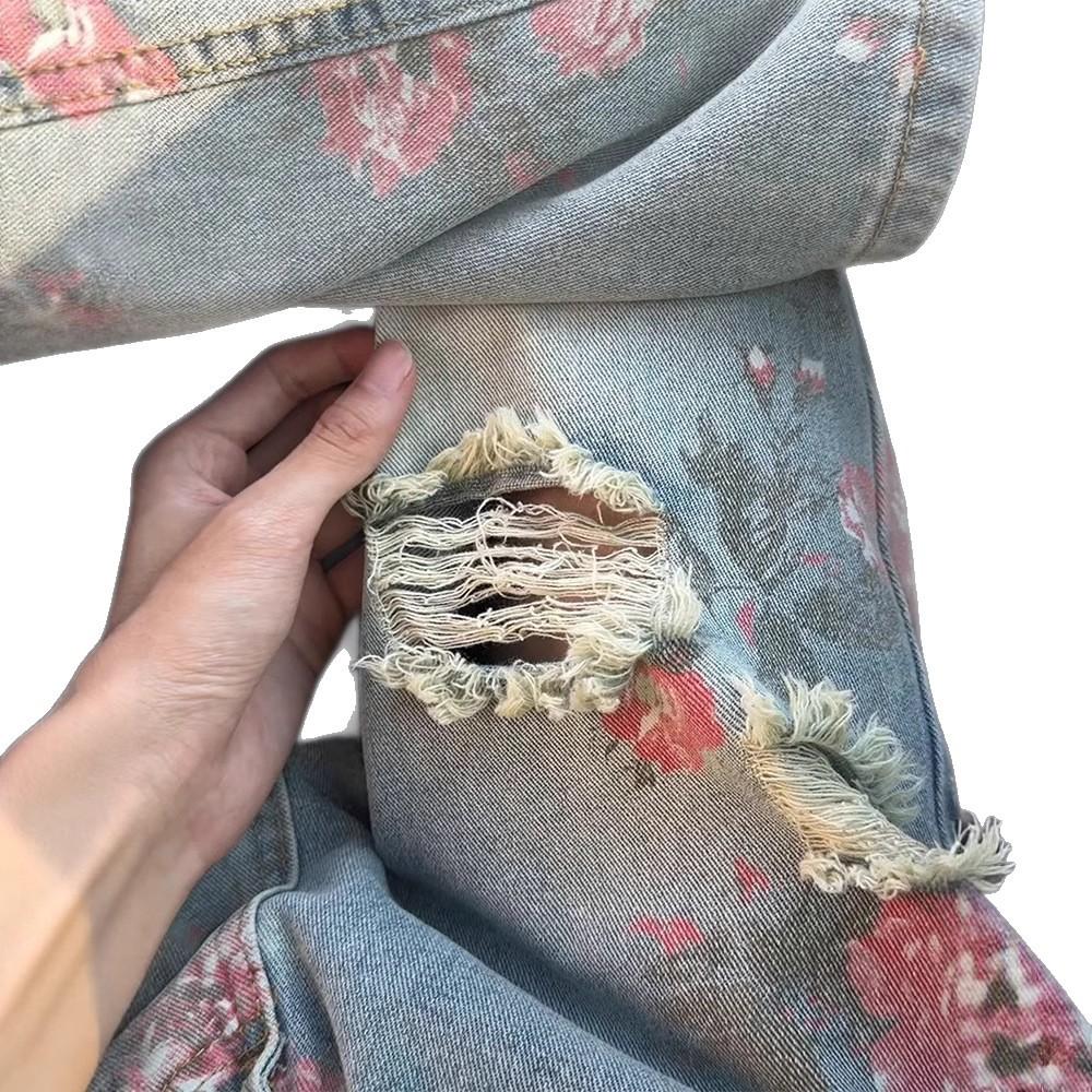 Amerikan sokak modası çiçek yırtık kot erkek yazlık yüksek kaliteli ince pantolon gül tam baskılı düz pantolon