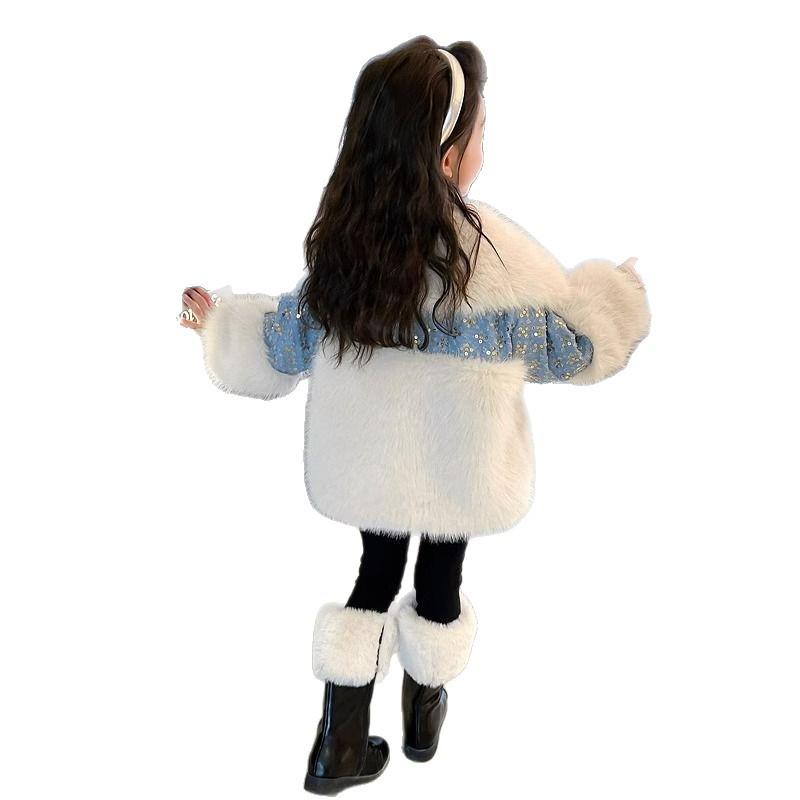 Girls' Fashionable Denim Fleece-lined Jacket - Autumn/Winter 2025 Faux Fur Coat for Children