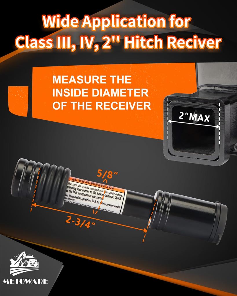 METOWARE Trailer Hitch Lock - 5/8" Diameter Locking Receiver Pin, 2" Receiver Tube, Fits