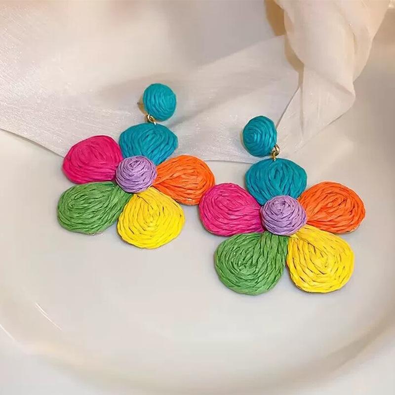 Exaggerated Dopamine Color Woven Flower Stud Earrings 2026 New Trend Light Luxury High-End Niche Women Pierced Ear Jewelry