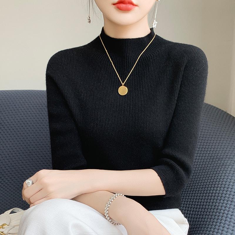 Women's Slim Fit Half-High Neck Five-Sleeve Base Layer Sweater for Spring and Autumn
