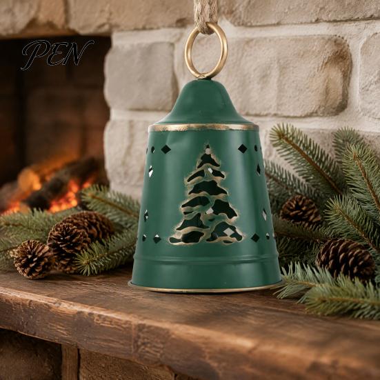 Vintage Holiday Decor Metal Bell Christmas Ornament, Large Iron Hanging with Ornaments Hollow Carved Tree Pattern for Door, Garland, Wreath,