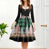 Women's Fashion Round Casual Slim Fit Christmas Print Large Swing Long Sleeve Dress