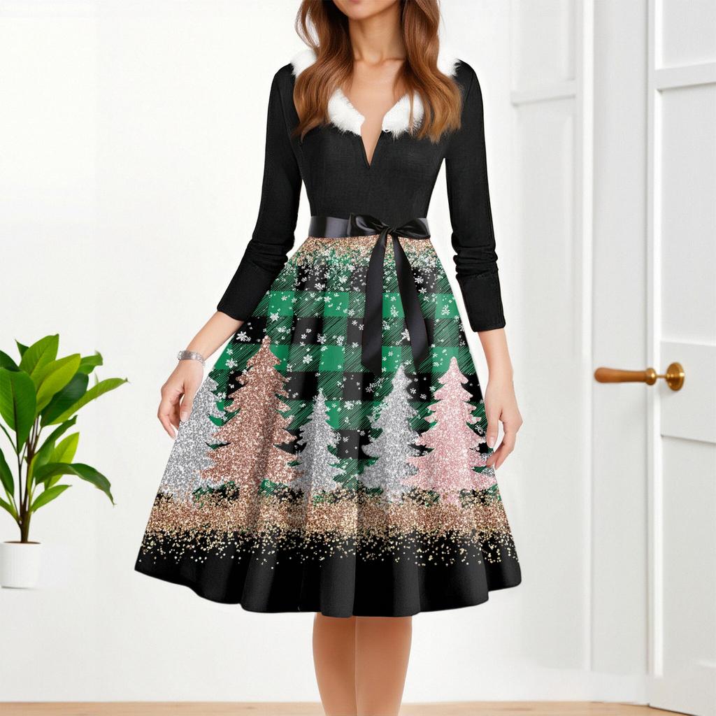 Women's Fashion Round Casual Slim Fit Christmas Print Large Swing Long Sleeve Dress
