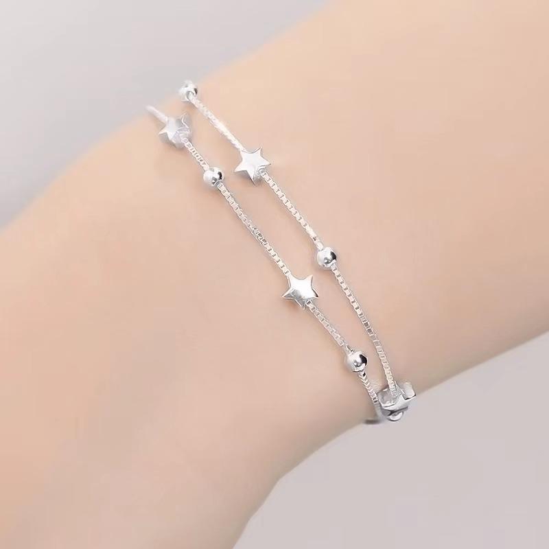 925 Sterling Silver Bead Chain Bracelets For Women Korean Sweet Double Layer Beautiful Stars Bracelets Original Jewelry Gifts