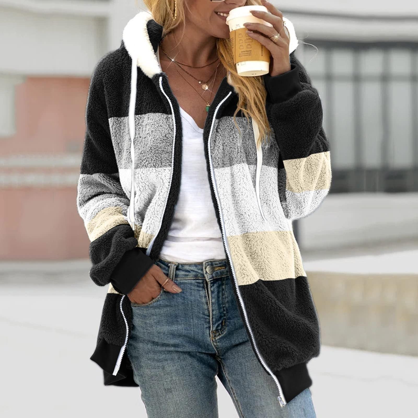 

Женская модная повседневная свободная плюшевая полосатая куртка с капюшоном и пальто XXXL чёрный