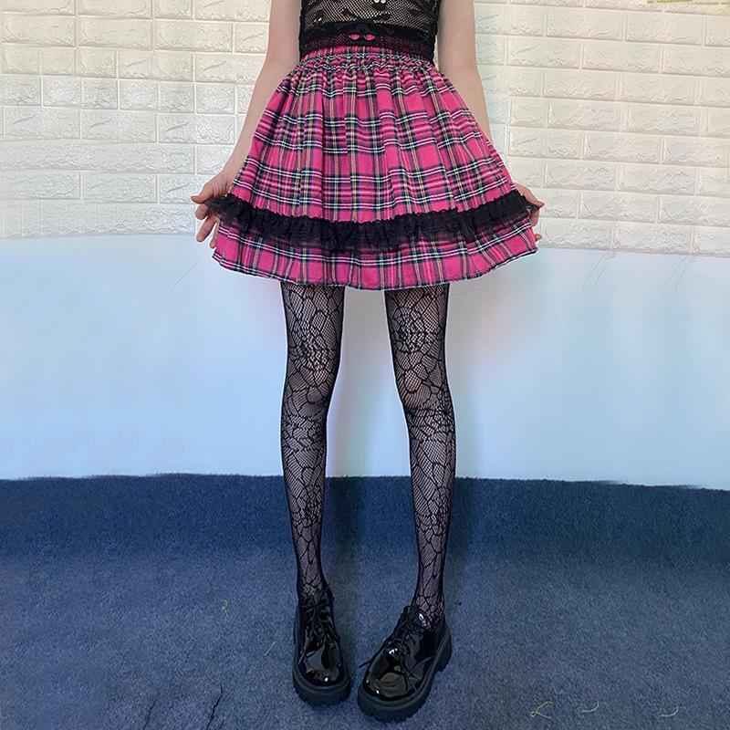 Y2K Plaid Lace Patchwork High-Waisted Mini Skirt, Elastic Waist Slimming A-Line, Pleated JK Visual Kei