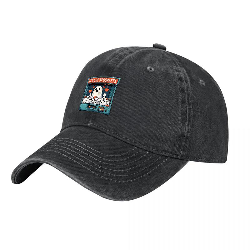 Cotton Canvas Washed Baseball Cap with Ghost Design Patch Retro Unisex Adjustable Hat for Daily Wear Casual Outfits