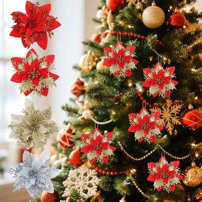 Christmas Tree Ornaments 5pcs Glitter Artificial Flowers Home Party Decorations for Xmas New Year Red Golden Festival
