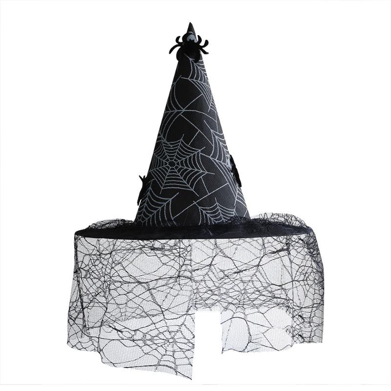 Halloween Witch Hat Makeup Costume Props Cosplay Dance Witch Hat Mesh Sticky Spider Wizard Hat Halloween Decorations for Home