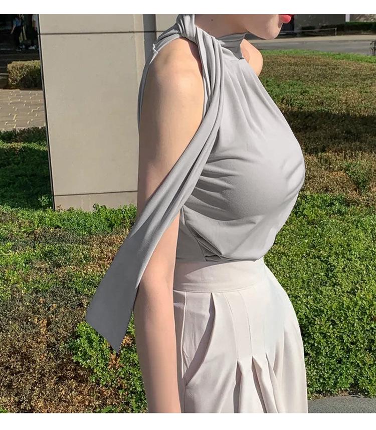 Dongdaemun Slim Fit Halter Top – Dámský univerzální top se stuhou zvýrazňující klíční kost a postavu