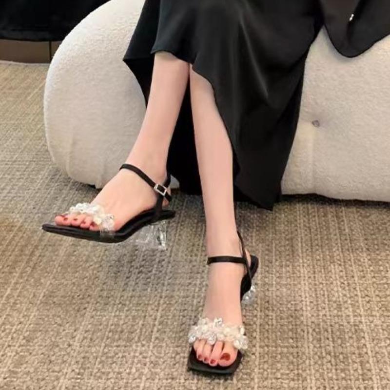 Fashion Women's Summer New High Heel Sandals Crystal Buckles Thick Heel Square Head Style Rubber Bottom Leather Single Shoes