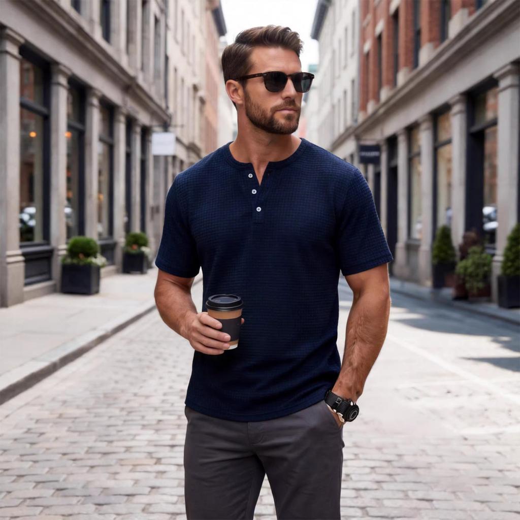 Men's Round Neck Single Breasted Collared Shirt  Men's Casual And Comfortable Short Sleeved Shirt