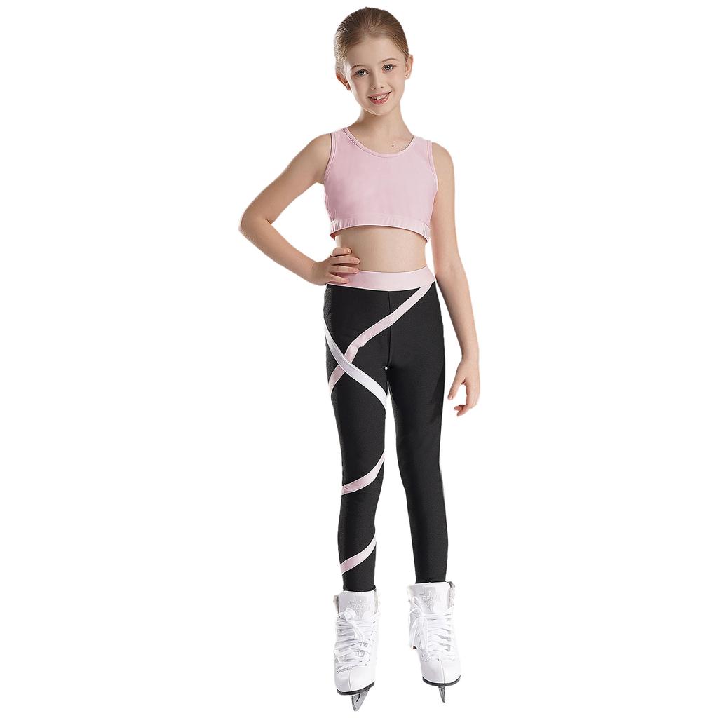 Dívčí Crop Top s U výstřihem, kříženými ramínky a klíčovou dírkou na zádech, bez rukávů, Color Block Legíny, Jógový Sportovní Set