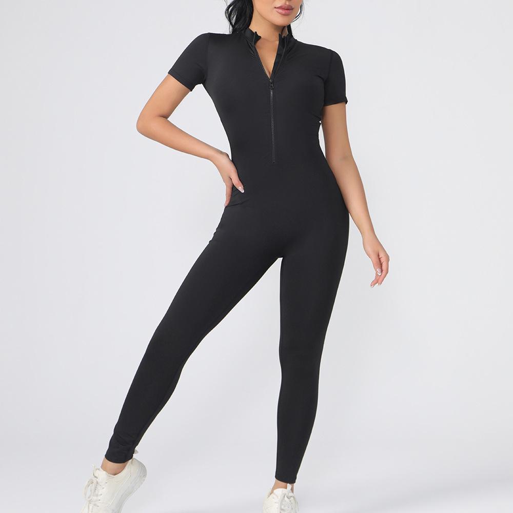 Tuta da Yoga con Zip Nude Feel da Donna - Manica Corta, Gamba Lunga, Vestibilità Aderente per Danza & Fitness