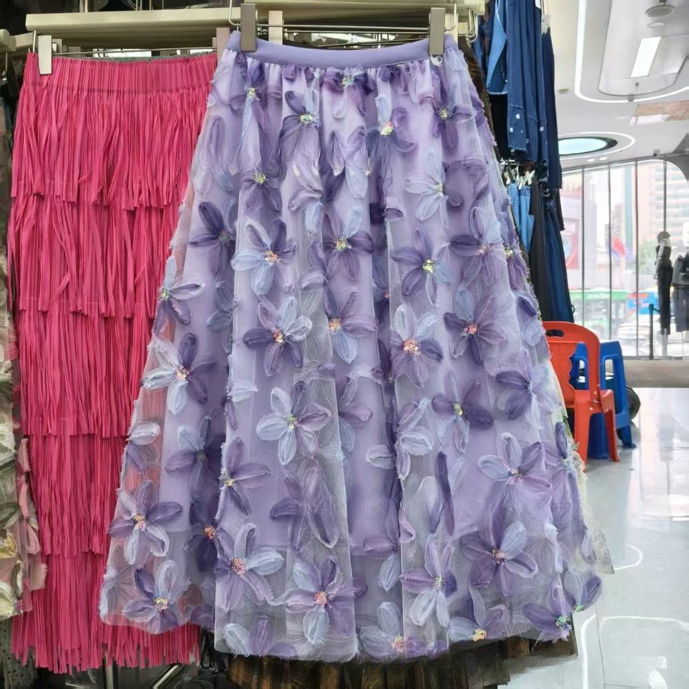 Damen Hohe Taille Geblümter Midi-Rock Lockere Passform Lässig Bestickter Netzrock