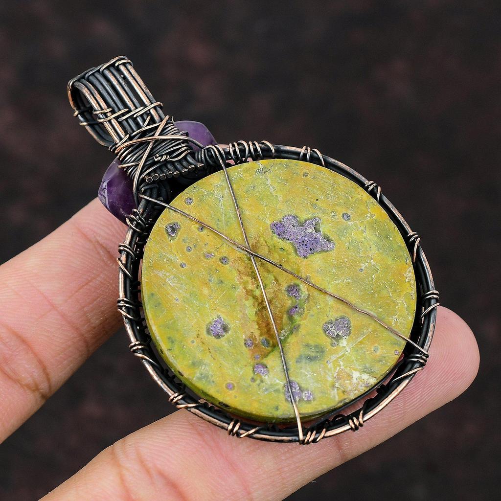 Stichtite Pendant Copper Wire Wrapped Pendant Handmade Jewelry Dainty Gemstone Pendant Chevron Amethyst Copper Wire Jewelry Wrapping Pendant