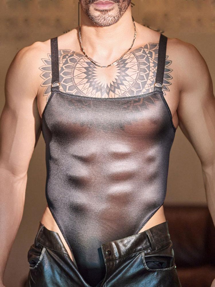 Body da uomo con spalline sottili, perizoma, top, cavallo aperto, sexy, trasparente, modellante, collant da uomo, tutina corta sottile con scollo all'americana