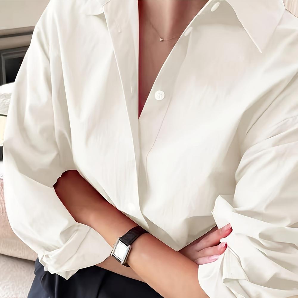 Women's Minimalist Loose Turn Down Collar Blouse Solid Color Long Sleeve Shirt Casual Commute Wear Tops