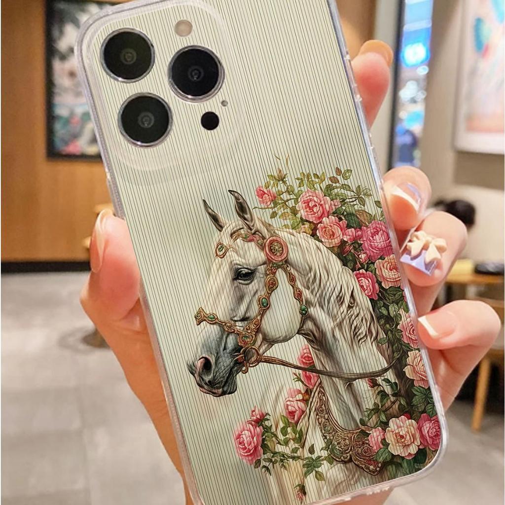 Floral Horse Head Anti-Drop Clear Case for iPhone 14/15/16/17 Series Pro Max