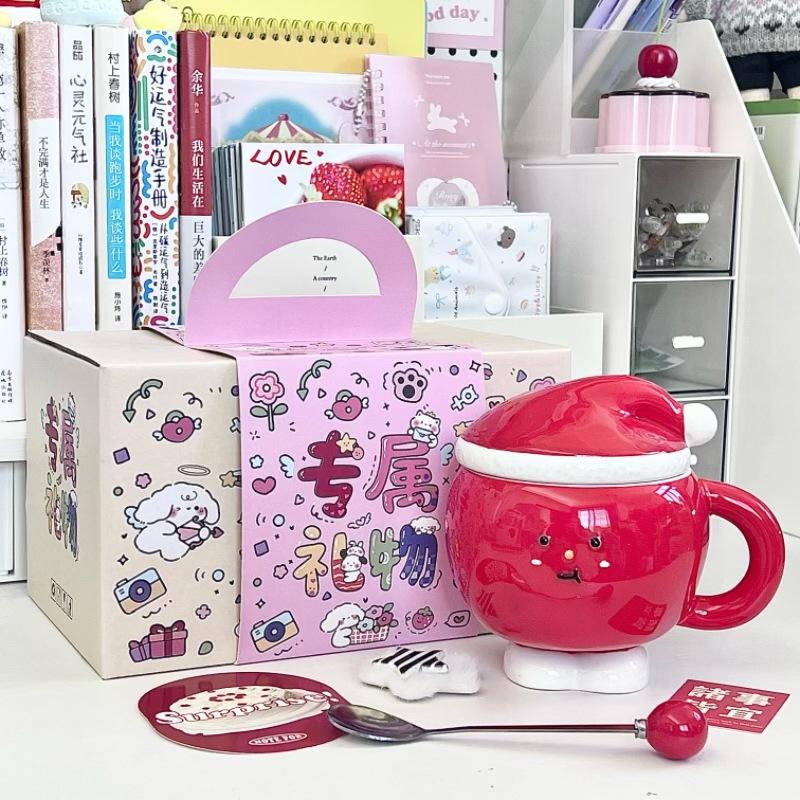 Roztomilý keramický hrnek na Štědrý večer Kreativní jablečný hrnek s víčkem a lžičkou Dívčí vánoční dárek Suvenýr