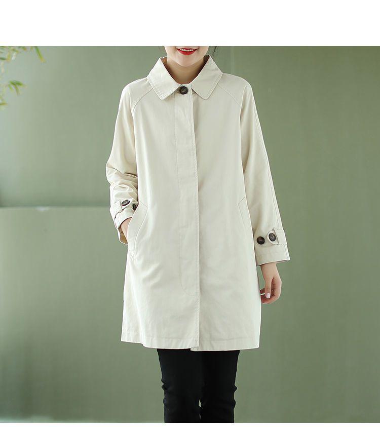 Women's Plus-Size Washed Cotton Trench Coat, Mid-Length, Loose Fit, Korean Style, for Spring and Autumn.
