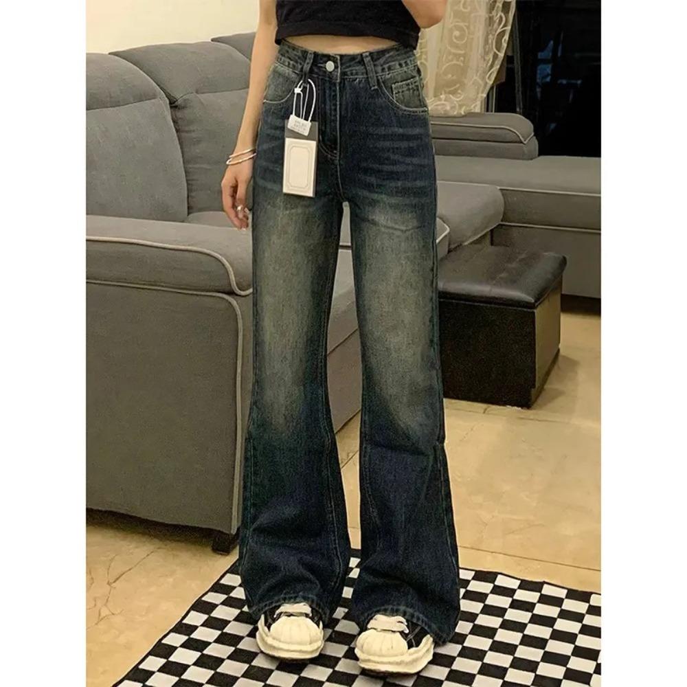 Women's High Waist Flare Jeans Loose Fit Vintage Washed Non Stretch Wide Leg Denim Trousers