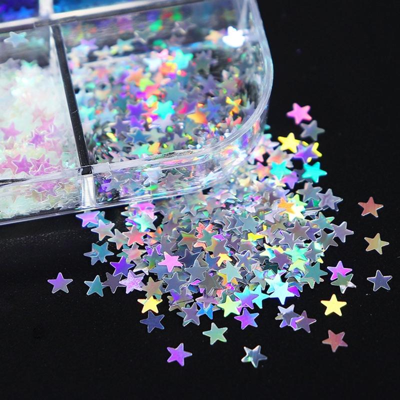 12Grid Five-pointed Star Sequins Size 3mm Mixed Nail Jewelry Resin Drop Glue Filled Sequins 3D Holographic Flake Sequins