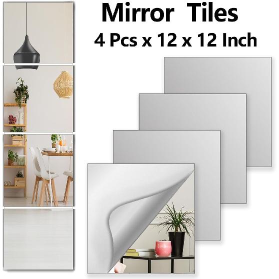Shatterproof Wall Mirror Full Length for Bedroom, Acrylic Gym Mirrors For Home, Extra Thick: 0.12 inch, 12 x 12 inch x 4 Pcs, Workout Mirrors Safe