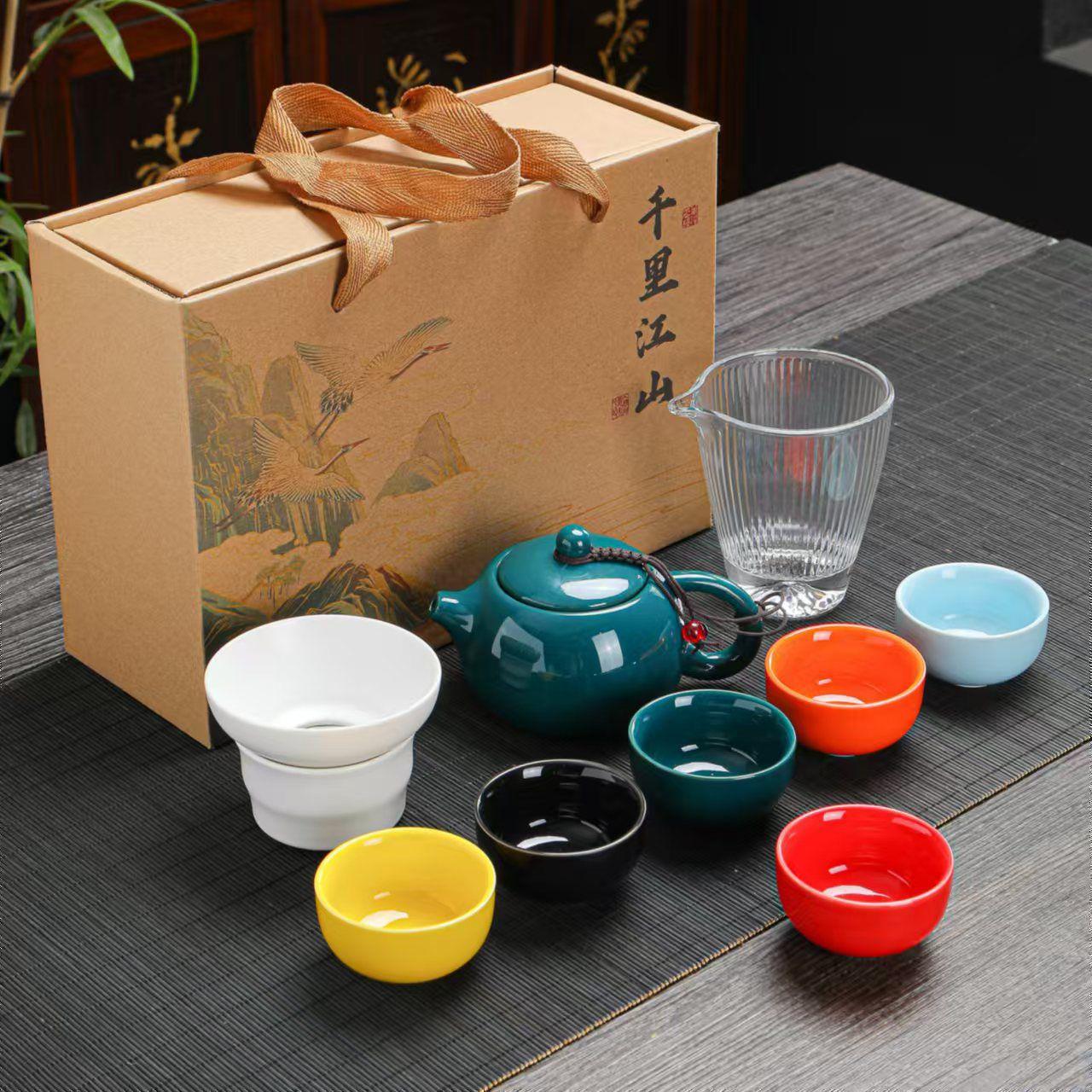 

10 heads of Qianli Jiangshan gift box Kung Fu tea set, a complete set of ceramics, a full set of teapots, a pot of six cups of gifts