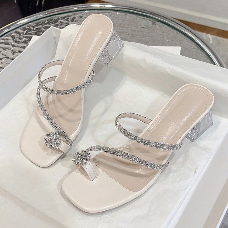 High-heeled sandals women's summer outer wear 2025 new with skirt thick heel toe beautiful rhinestone cover toe Roman cool slippers