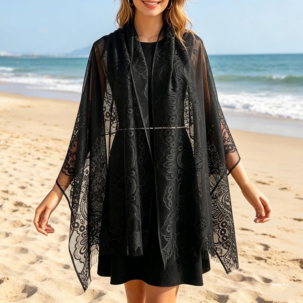 Women's Lace Shawl Fringe Cover Up Hollow Out Sheer Poncho Sun Protection Wrap for Travel Beach Holiday