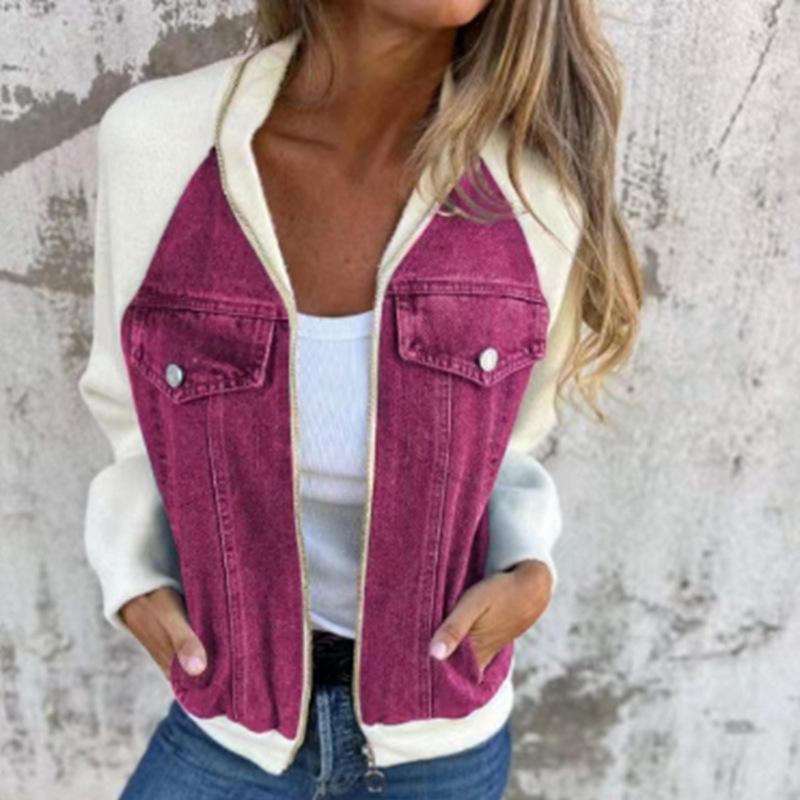 Denim Patchwork Knit Cardigan with Zipper Closure, Multiple Color Options