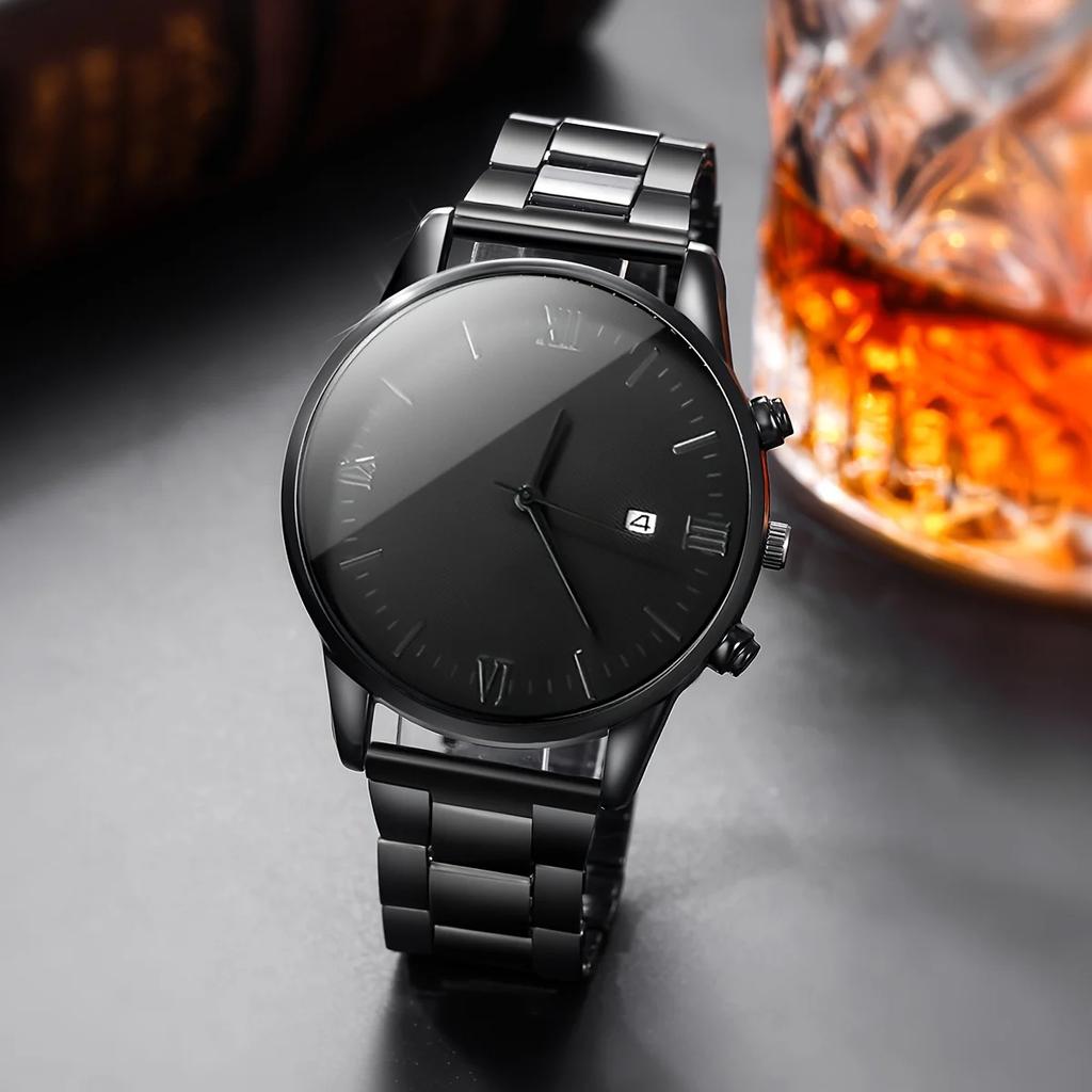 4pcs-Men's Quartz Watch Set, Round Dial, Includes Cross Pendant Necklace, Bracelet & Ring, Perfect Gift (no Box)