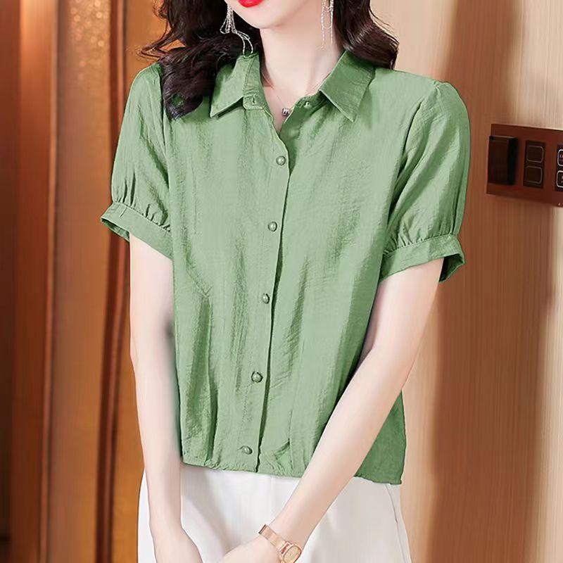 

Womens Solid Green Button Up Blouse Casual Short Sleeve Ruched Hem Shirt M зелёный