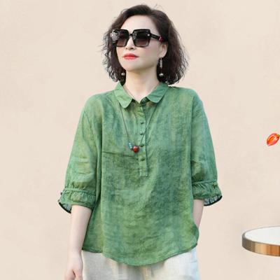 Women Shirt Lapel Buttons Neckline Half Sleeve Pullover Tops Jacquard Print Solid Color Loose Fit Thin Shirt Tops