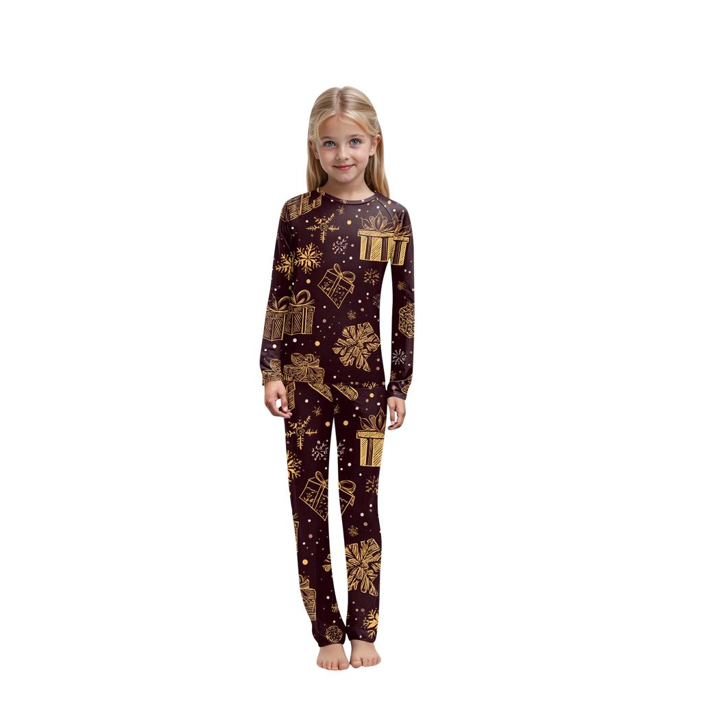 Set haine de casă de Crăciun cu gât rotund imprimat, mâneci lungi și pantaloni lungi pentru părinți și copii