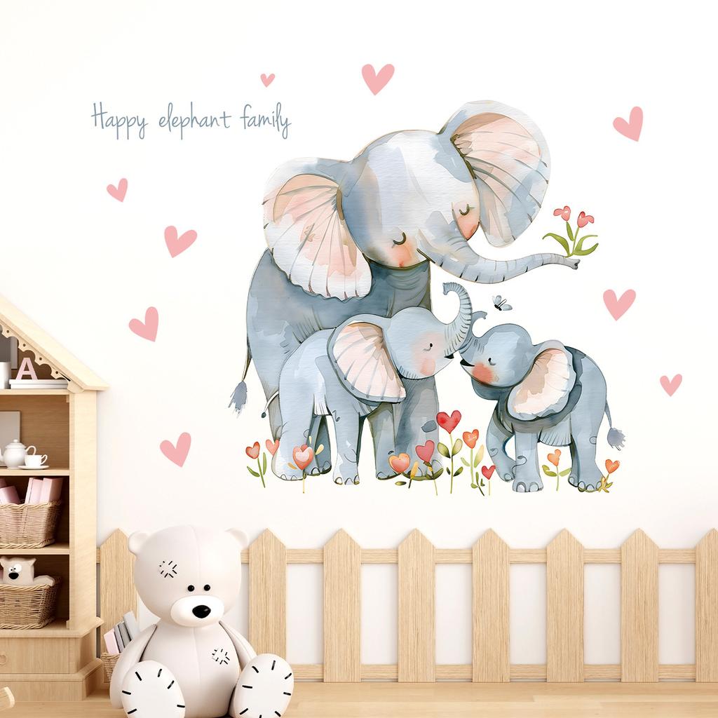 Cartoon Cute Elephant with Hearts and Flowers Wall Stickers, Self-Adhesive Decor for Kids Room Bedroom Decoration