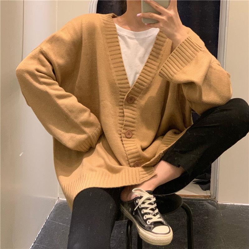 Women's Korean Style Loose Student Versatile Button Knitted Cardigan Top Solid Color Loose V-neck Sweater